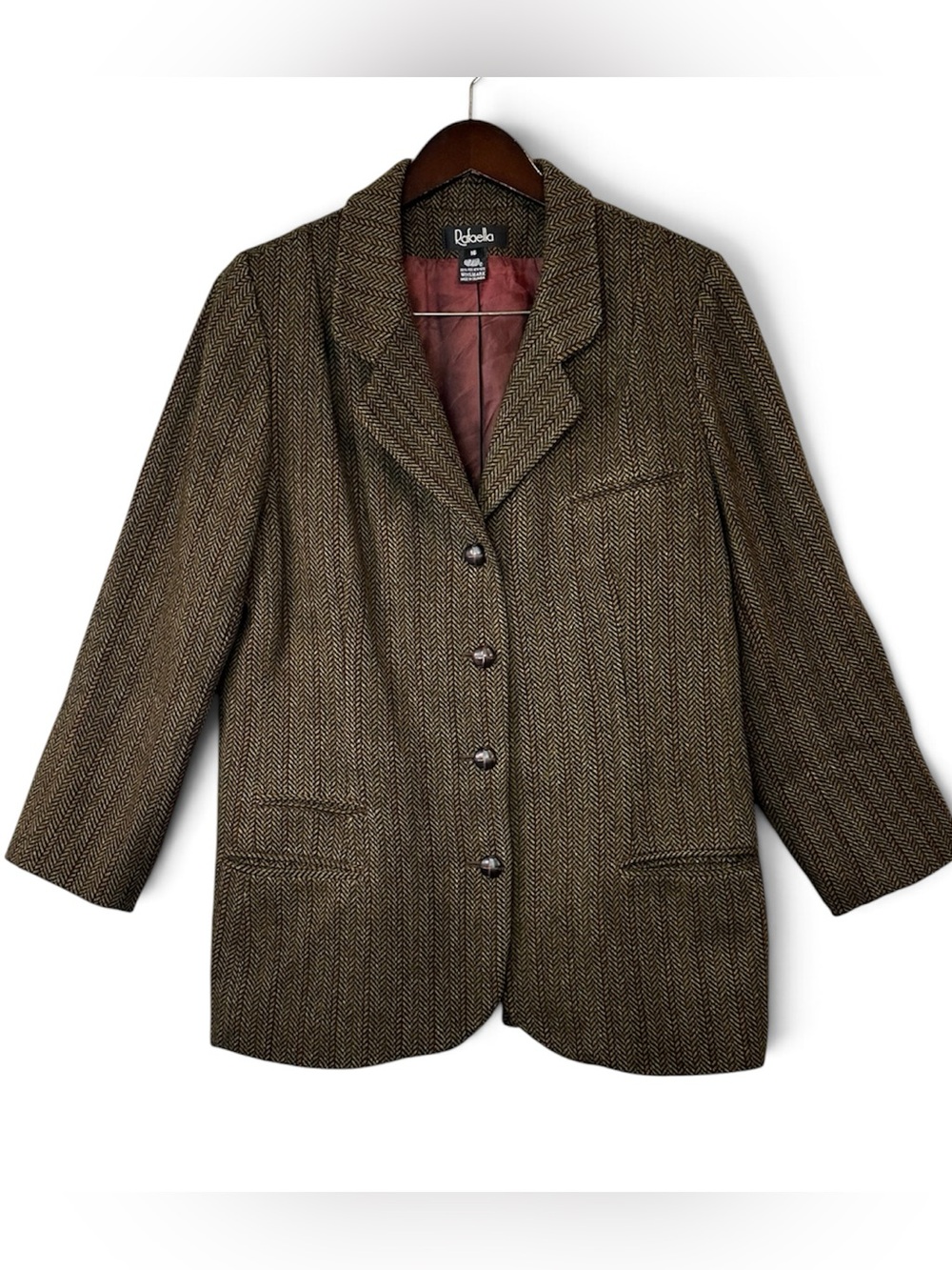 Vintage 2000s Rafaella Women’s Brown Herringbone Tweed Wool Blazer Size 16